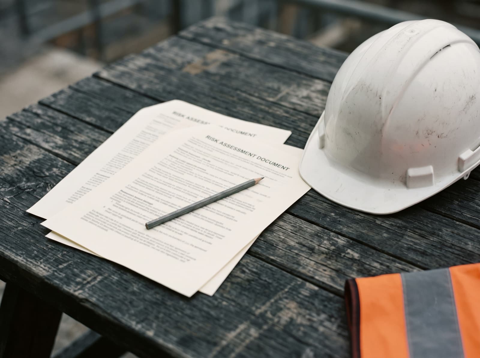 A printed risk assessment and method statement on a site table