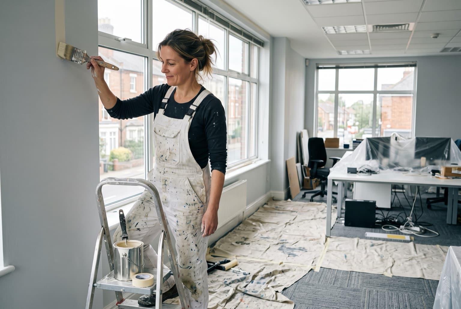 Painter cutting in a wall in an office being refurbished, dust sheets down
